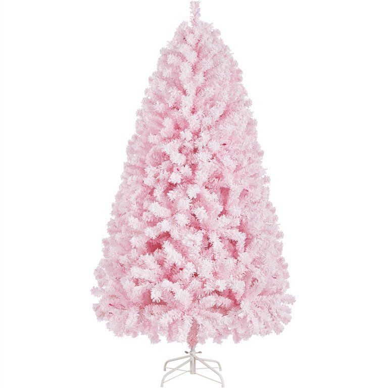 Yaheetech 6Ft Pre-lit Flocked Artificial Christmas Tree with Foldable Stand and Warm Lights, Pink | Walmart (US)