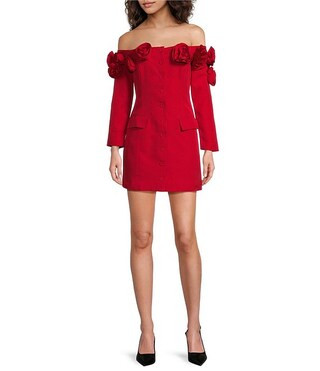 Lucy Paris Rosette Off-The-Shoulder Neck Long Sleeve Button Front Mini Dress | Dillard's | Dillard's