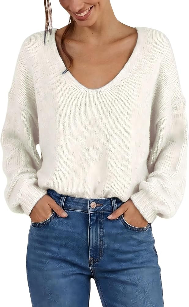 Antnation Womens V Neck Slouchy Sweater Lightweight Relaxed Pullover | Amazon (US)