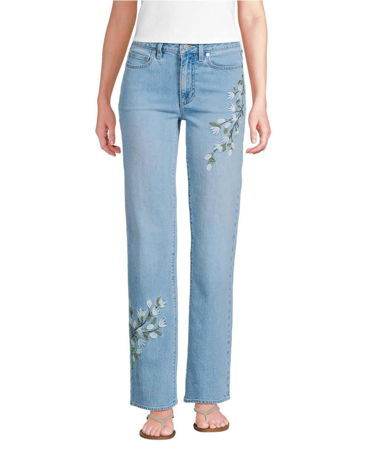 Lands' End Women's Soft Denim Mid Rise Relaxed Straight Leg Embroidered Jeans - Embroidered lake blue wash | Macy's