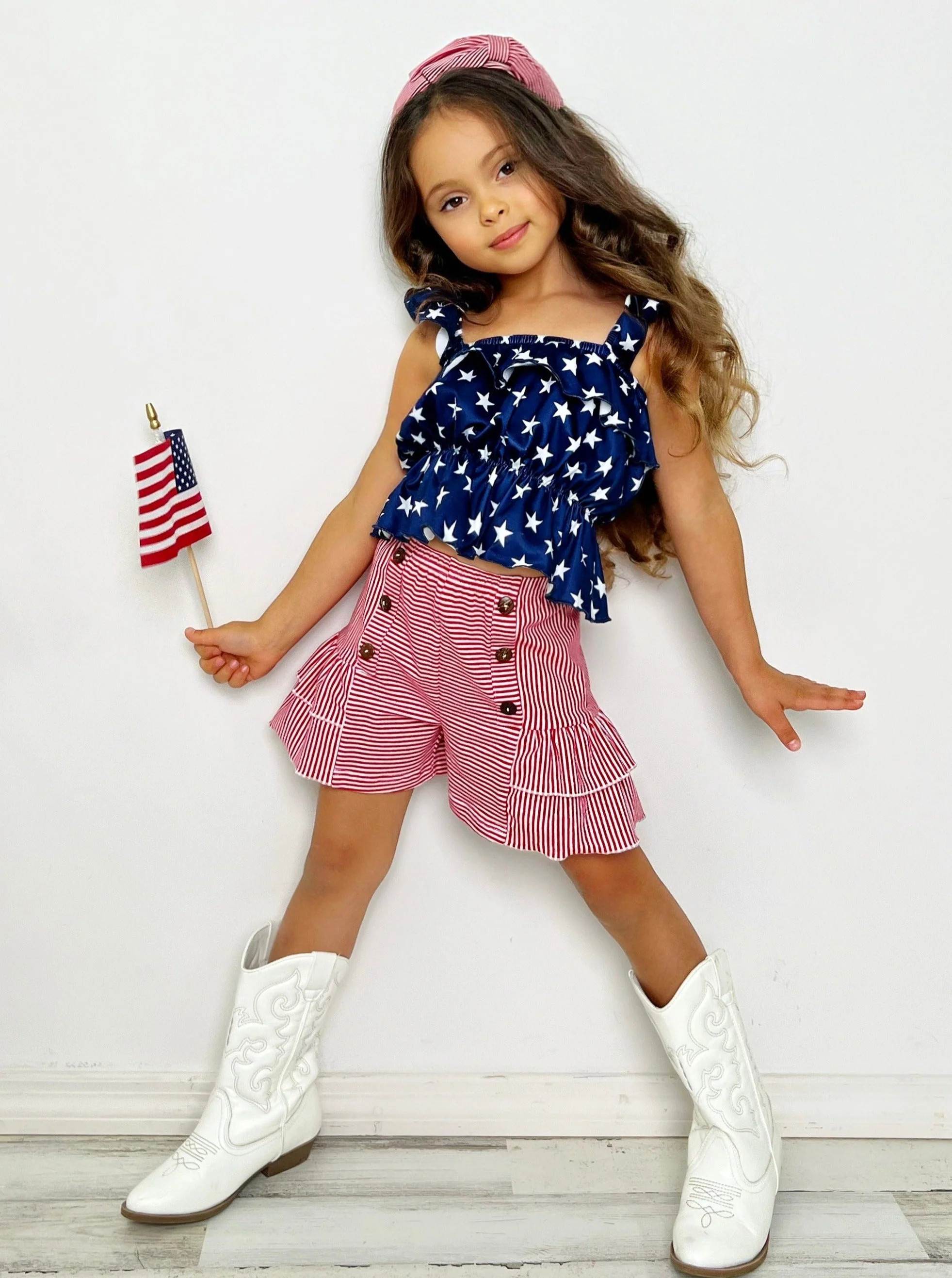 Perfect Little Patriot Stars Top and Striped Short Set Blue / 10Y/12Y | Mia Belle Girls