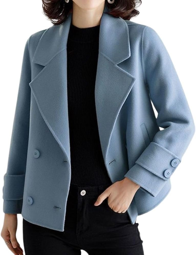 chouyatou Women's Casual Business Wool Blend Trench Coat Loose Double Breasted Dressy Blazer Pea ... | Amazon (US)