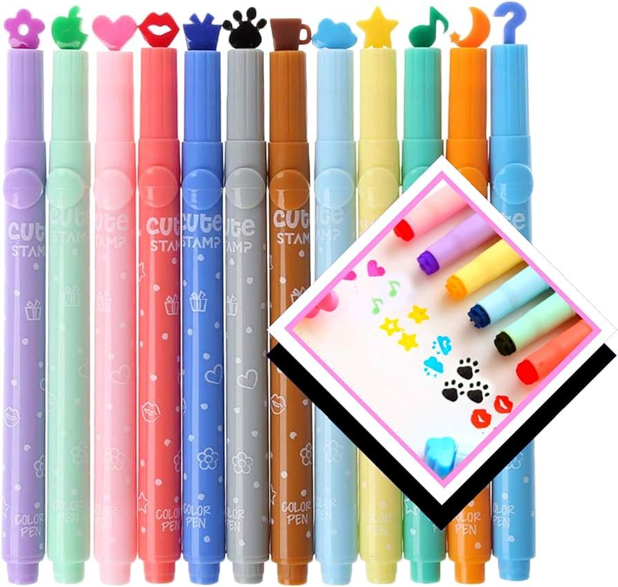 Cute Kawaii Novelty Stamp Highlighter Pen Marker Assorted Love Star Bear Paw Music Cloud Kiss Sha... | Amazon (US)