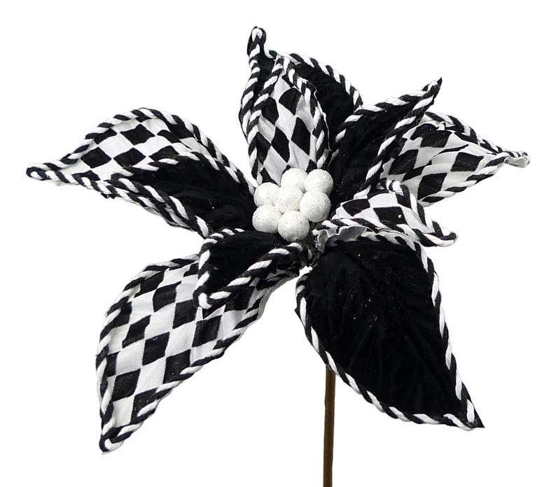 Black White Velvet  Harlequin Poinsettia Floral Stem, Christmas Holiday Pick, craft supply, Cente... | Etsy (US)