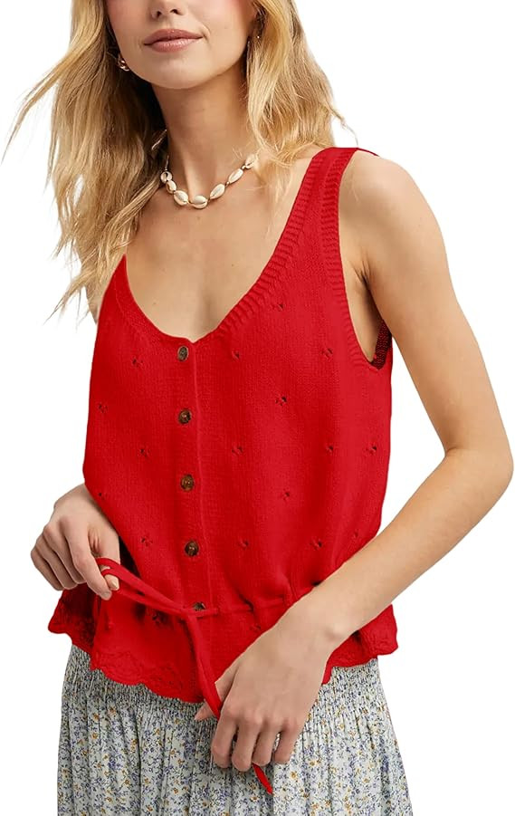 Bianstore Womens Crochet Tank Tops Summer Sleeveless V Neck Button Down Ruffle Hem Tie Waist Knit... | Amazon (US)