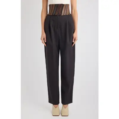 Alaïa High Waist Wool Gabardine Straight Leg Pants with Leather Belt in Ebene at Nordstrom, Size 6 Us | Nordstrom