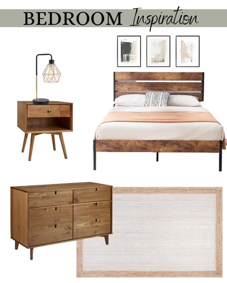 Bedroom furniture, wood bed frame, night stand, lamp, dresser, area rug, wall art 

#LTKhome #LTKstyletip #LTKSeasonal