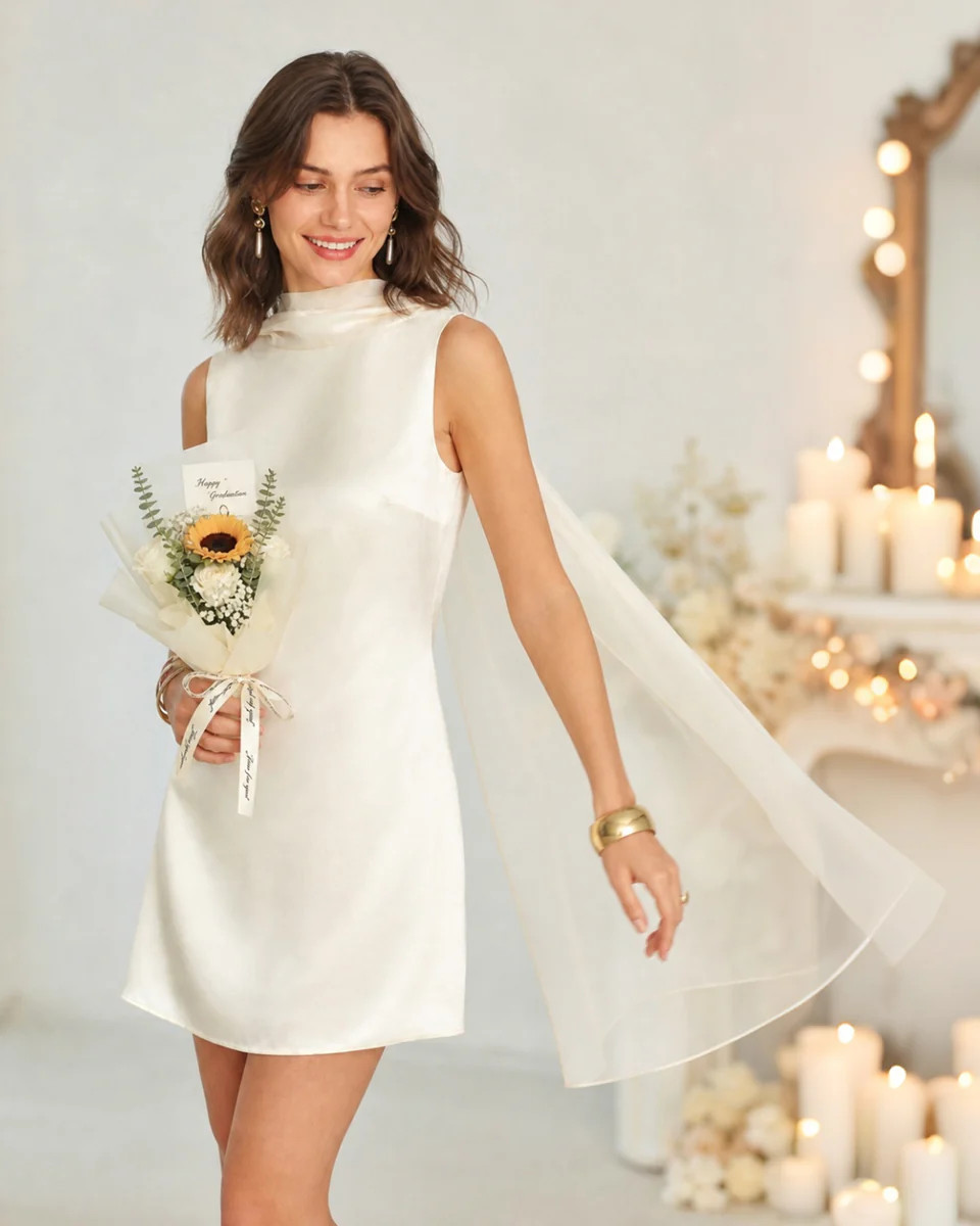 Apricot Boat Neck Tie Satin Mini Dress | rihoas.com