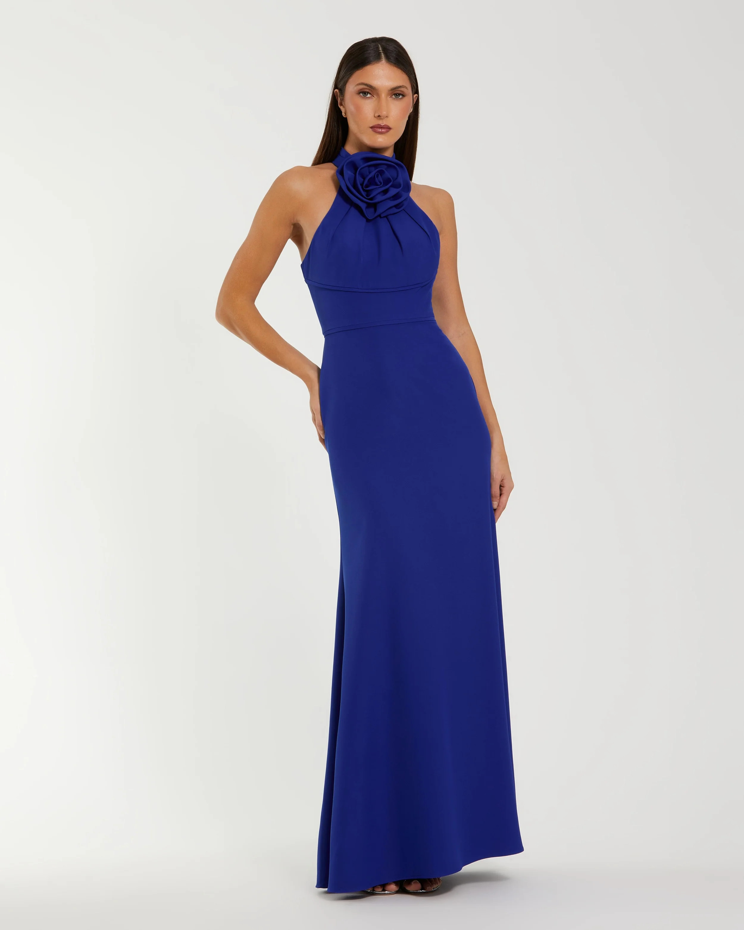 Blue Sleeveless Halter Neck Crepe Gown with Rosette Detail | Mac Duggal | Mac Duggal