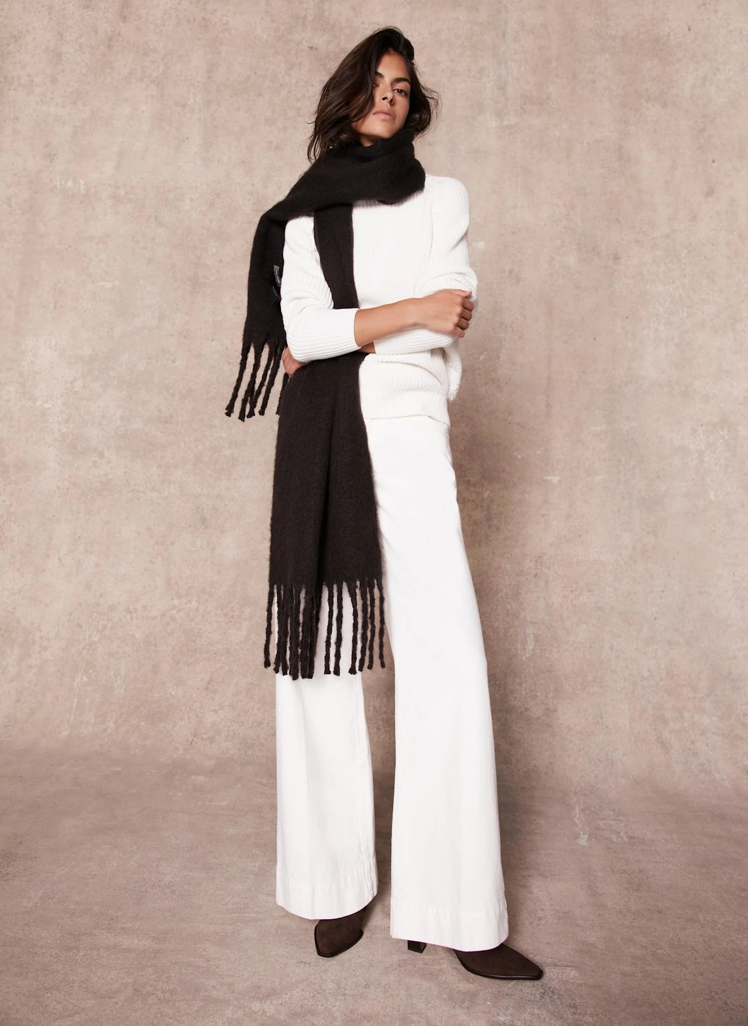 Brown Brushed Tassel Scarf | Mint Velvet