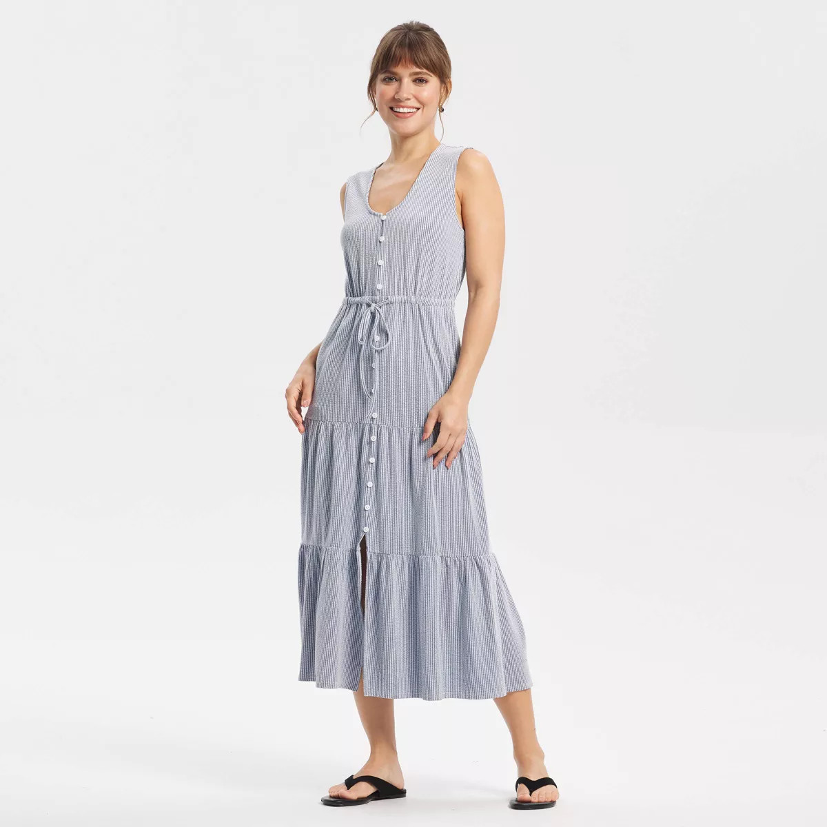 Women's Button-Front Tiered Midi Dress - Universal Thread™ Blue Striped M | Target