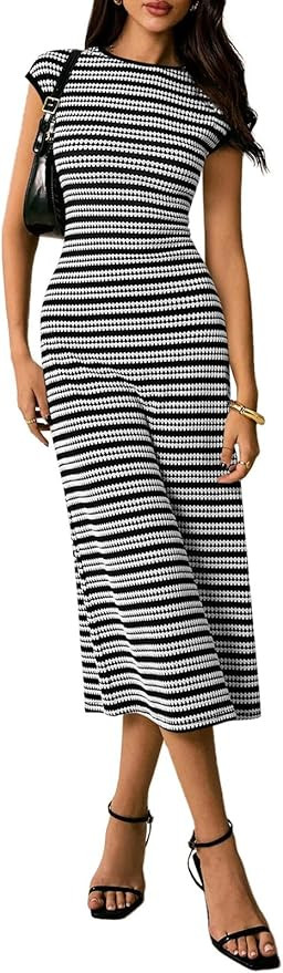 PRETTYGARDEN Women's 2026 Summer Bodycon Midi Dress Casual Striped Cap Sleeve Party Wedding Guest... | Amazon (US)