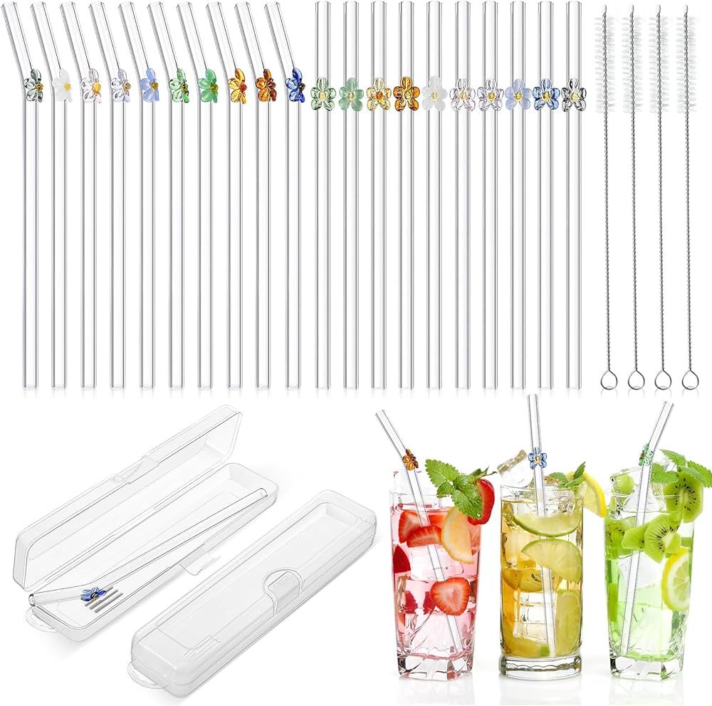 20 Pcs Reusable Glass Straws with Flowers 10 Straight and 10 Bent, 8'' x 8mm Flower Clear Glass S... | Amazon (US)
