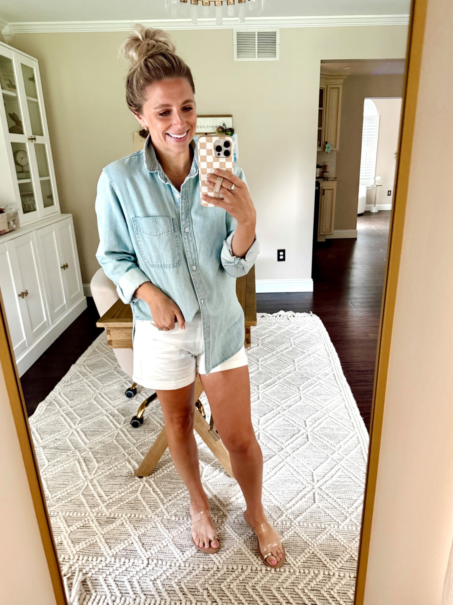 Small in oversized denim shirt, 6 white denim shorts. 

#LTKStyleTip #LTKFindsUnder100 #LTKSeasonal