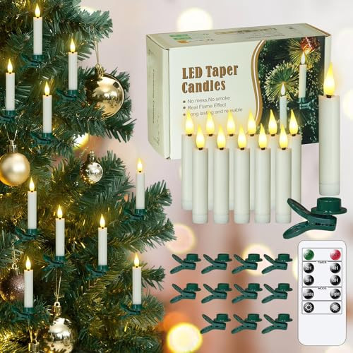 Vtobay Pack of 12 Flameless Taper Clip on Candles with 12 Clips, Remote and Timer Function LED Flickering Battery Operated Fake Short Ivory 0.6" x3.7" Plastic Warm Light for Festival Tree Decor | Amazon (US)