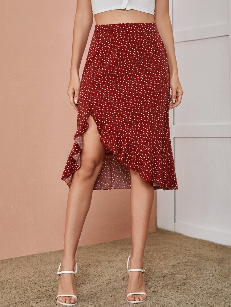 SHEIN Heart & Polka Dot Asymmetrical Hem Skirt | SHEIN