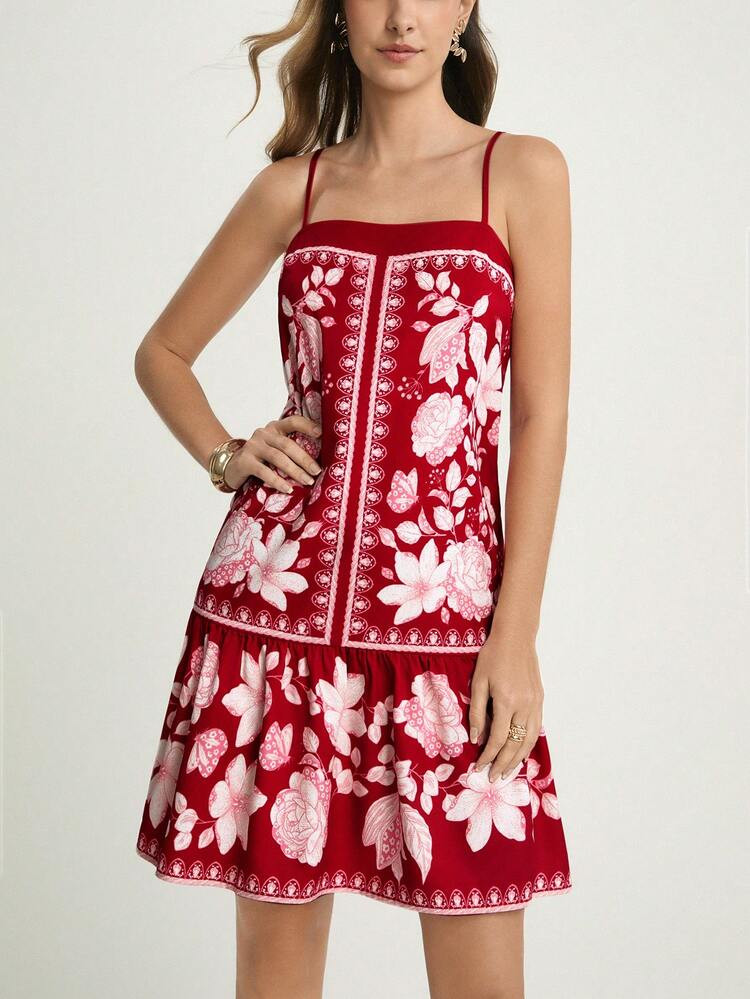 CAJUNI Women's Red Floral Print , Hawaii Dress, Floral Dress, Aloha Dress, Hibiscus Dress, Women Sun Dresses,Christmas | SHEIN