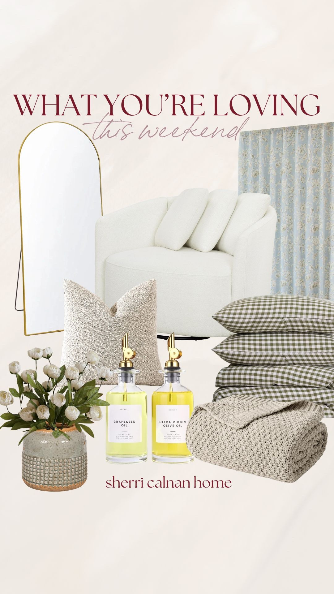 This weekend’s most loved finds featuring curved accent chair, arched floor mirror, gingham pillows, knit throw blanket, ceramic vase with florals, and decorative glass oil bottles.

Weekend home favorites, curved accent chair, arched floor mirror, gingham throw pillows, knit throw blanket, ceramic flower vase, decorative glass oil bottles, neutral spring decor, cozy home styling, traditional coastal home, sherricalnanhome

#LTKhome