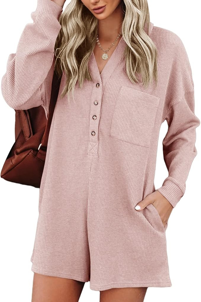 Saodimallsu Womens V Neck Button Romper Casual Waffle Knit Long Sleeve Playsuit Short One Piece J... | Amazon (US)