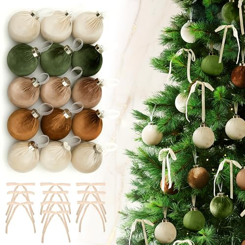 Elegant Velvet Christmas Ornaments Set with 15 Shatterproof Balls & 10 Matching Velvet Bows - Complete Festive Tree Decor Kit - Neutral Holiday Flocked Ornaments for Christmas Tree Decoration | Amazon (US)