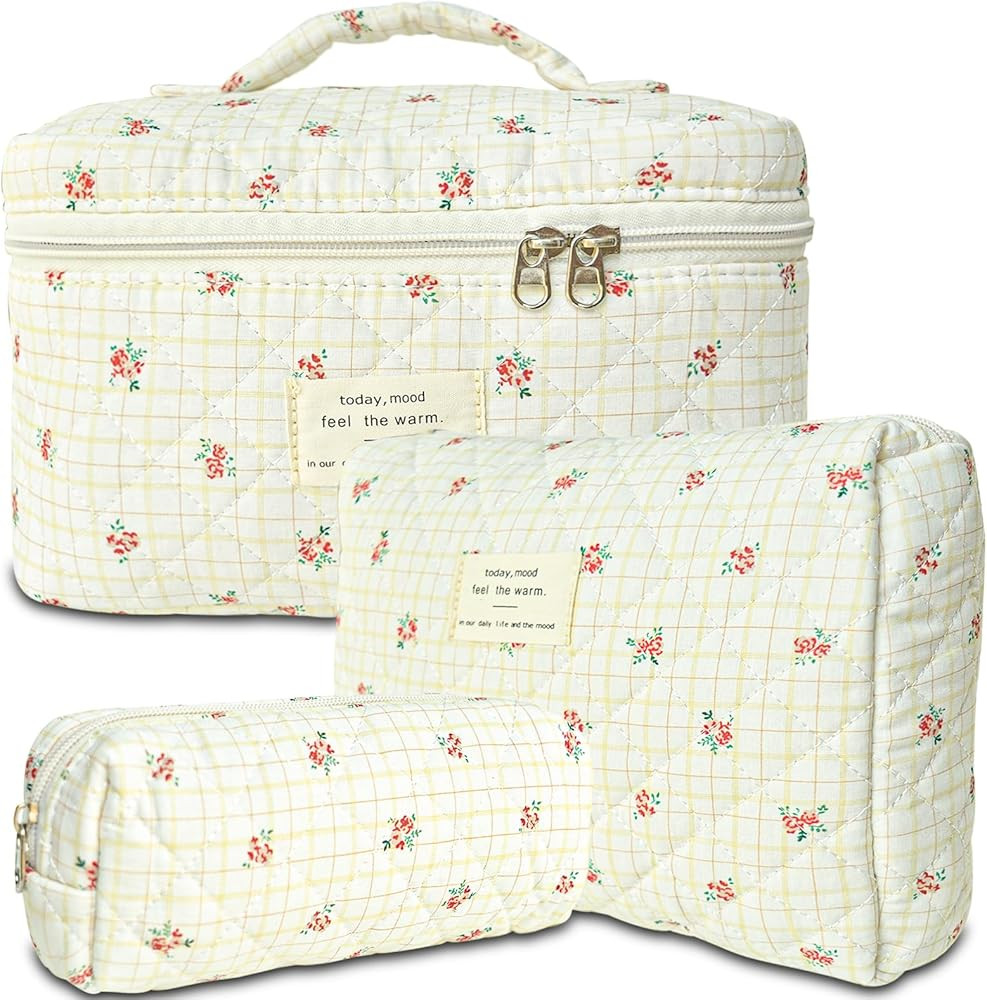 3Pcs Cotton Quilted Makeup Bag Large Travel Cosmetic Bag Coquette Makeup Pouch Cute Aesthetic Flo... | Amazon (US)