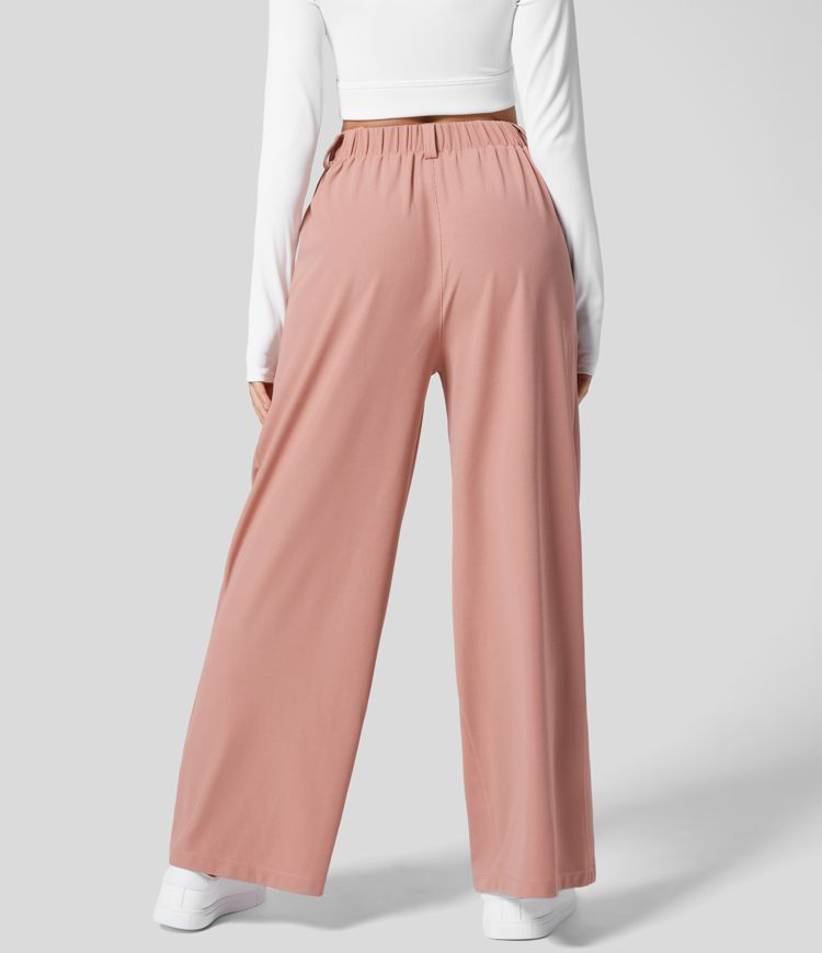 High Waisted Plicated Side Pocket Wide Leg Waffle Work Pants | HALARA