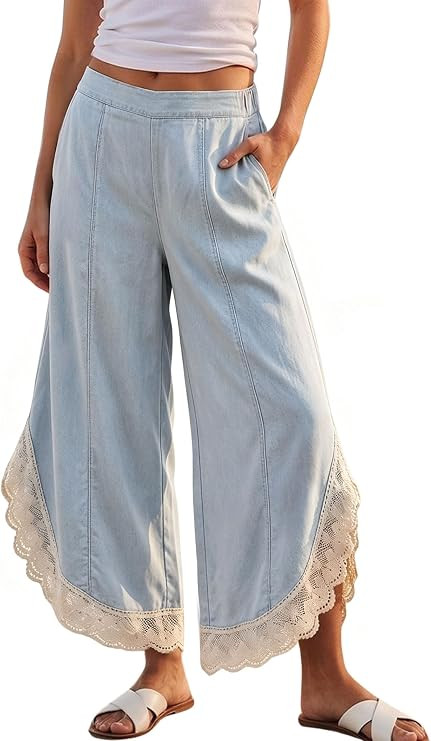 Hooever Women's Lace Trim Cotton Wide Leg Pants High Waist Palazzo Trouser | Amazon (US)