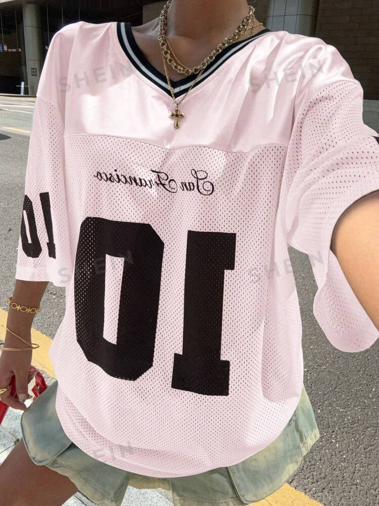 SHEIN Muchic Women's White Mesh Print T-Shirt | SHEIN