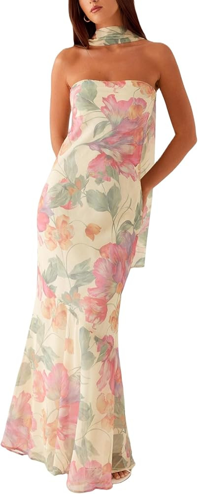 Women's Strapless Floral Dresses with Scarf Mesh Tube Maxi Dress Spring Summer Wedding Guest Cocktail Beach Party | Amazon (US)