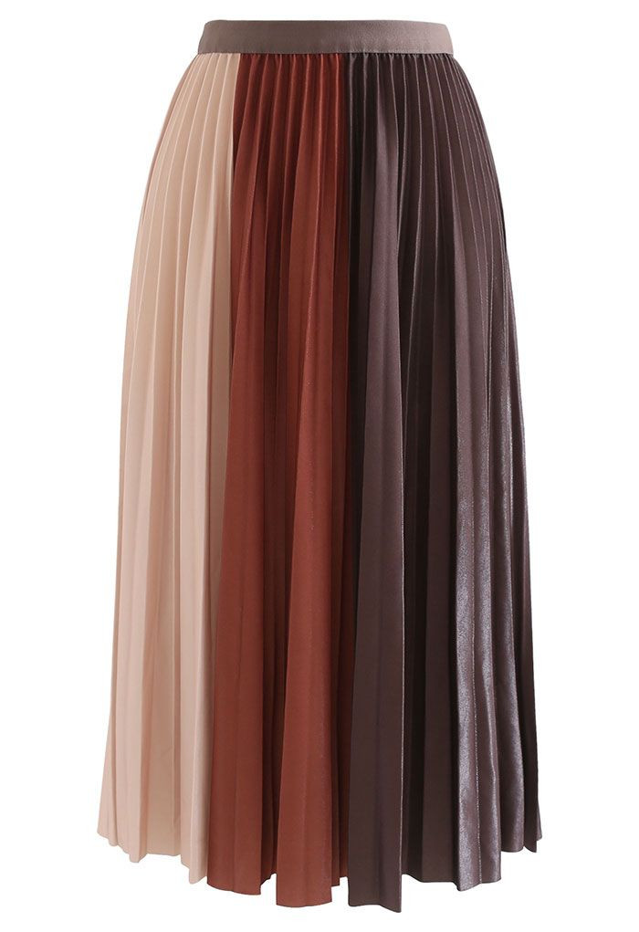 Pleated Sheen Color Block Midi Skirt in Caramel | Chicwish