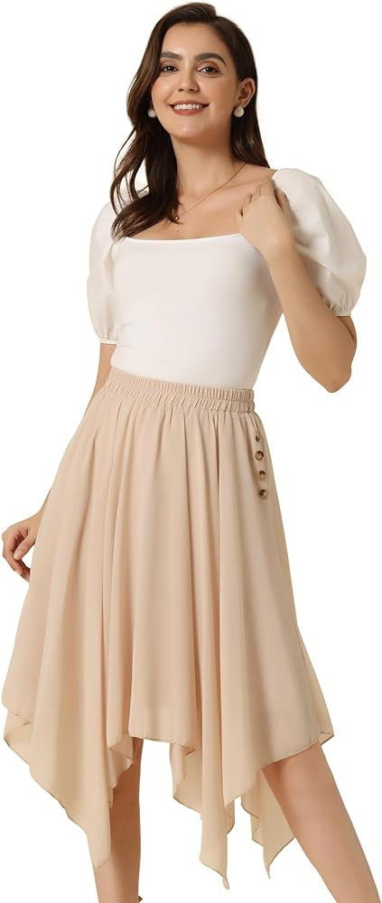 Allegra K Women's Asymmetrical Hem Elastic Waist Chiffon Flowy Vintage Handkerchief Hemline Midi ... | Amazon (US)