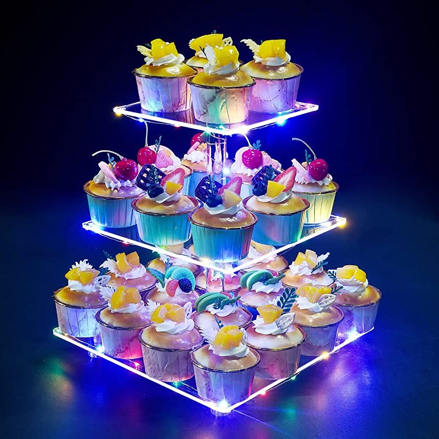 OLACHIKKO Cupcake Stand, 3-Tier Cupcake Holder with LED Light String, Acrylic Cupcake Tower Displ... | Amazon (US)