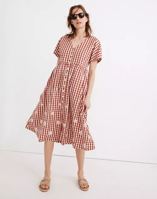 Daisy Embroidered Gingham Button-Front Midi Dress | Madewell