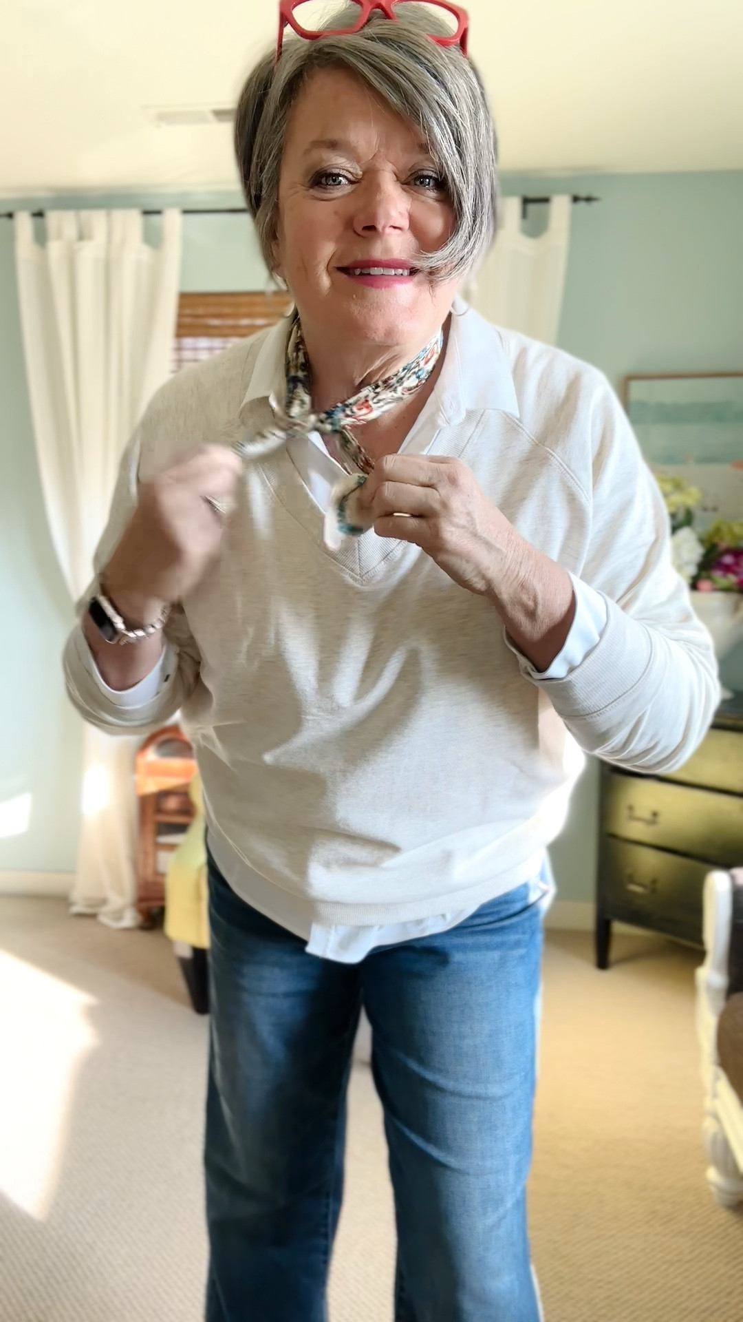 My fashion tip of the day! How to elevate white blouse, sweatshirt, wide leg jeans and white sneakers! The magic is simply a scarf! Can it get any easier? Then if it’s cold add a leather jacket or a long trench coat and you are ready to take on the world 😁
#midsize #scarf #addascarf #over50gals 

#LTKootd #LTKstorytime #LTKdayinmylife