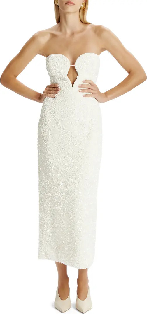 Braya Sequin Strapless Plunge Neck Midi Dress | Nordstrom