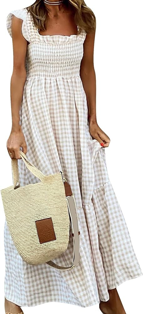 OMZIN Women's Sleeveless Square Neck Smocked Sundress High Waist Ruffle Swing A Line Maxi Dress | Amazon (US)