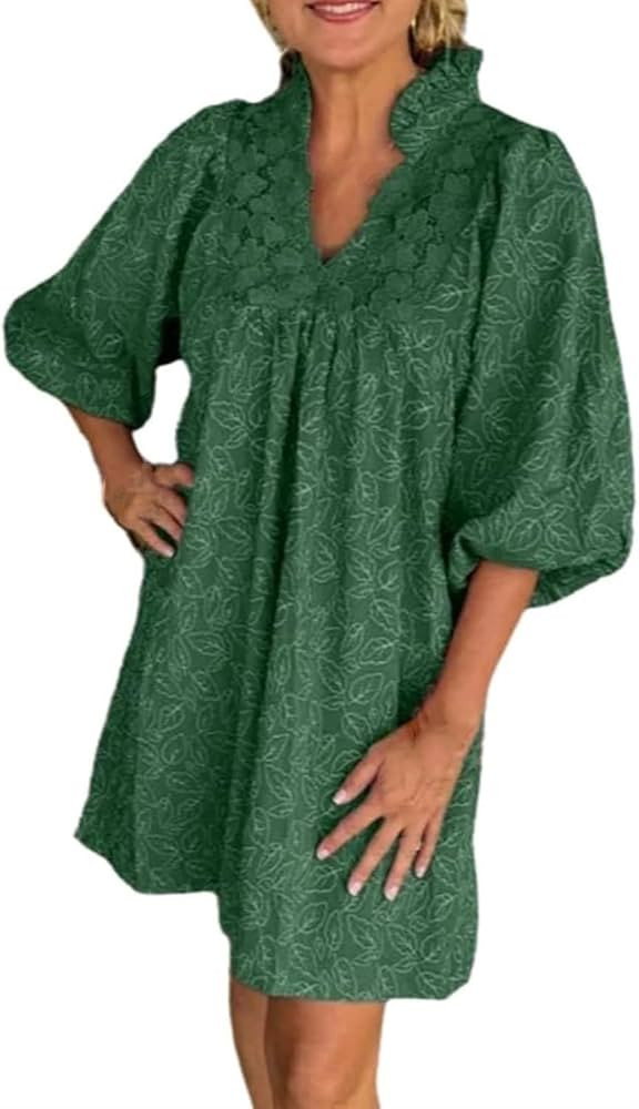 Women's Puff Sleeve Leaf Jacquard Mini Dress, Puffy Sleeves Dress for Women, Women V Neck Puff Lo... | Amazon (US)