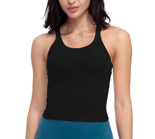 Excwudy Seamless Ribbed Workout Racerback Tank Tops with Built in Bra for Women Black M | Amazon (US)