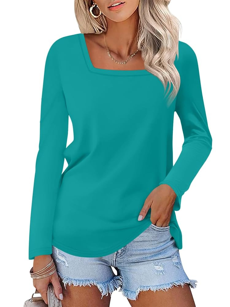 Women's Long Sleeve Shirts Square Neck Tunic Tops Dressy Casual Basic Tees Blouse Loose Fit | Amazon (US)