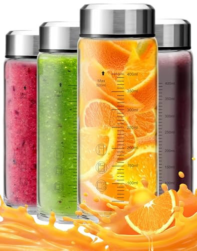 16oz Glass Juice Bottles with Lids 4-Pack, Wide Mouth Reusable Water Bottles for Juicing, Smoothies, Infused Water - Leakproof BPA Free Premium Clear Glass & Stainless Steel Lids, Fridge Safe | Amazon (US)