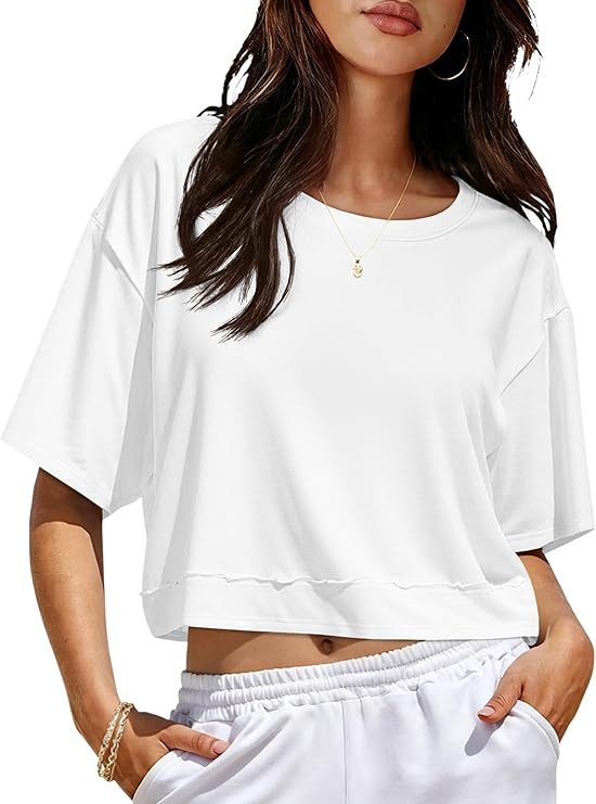 UNCLECAT Womens Short Sleeve Cropped T Shirts Crew Neck Trendy Tops Casual Solid Loose Fit Basic ... | Amazon (US)