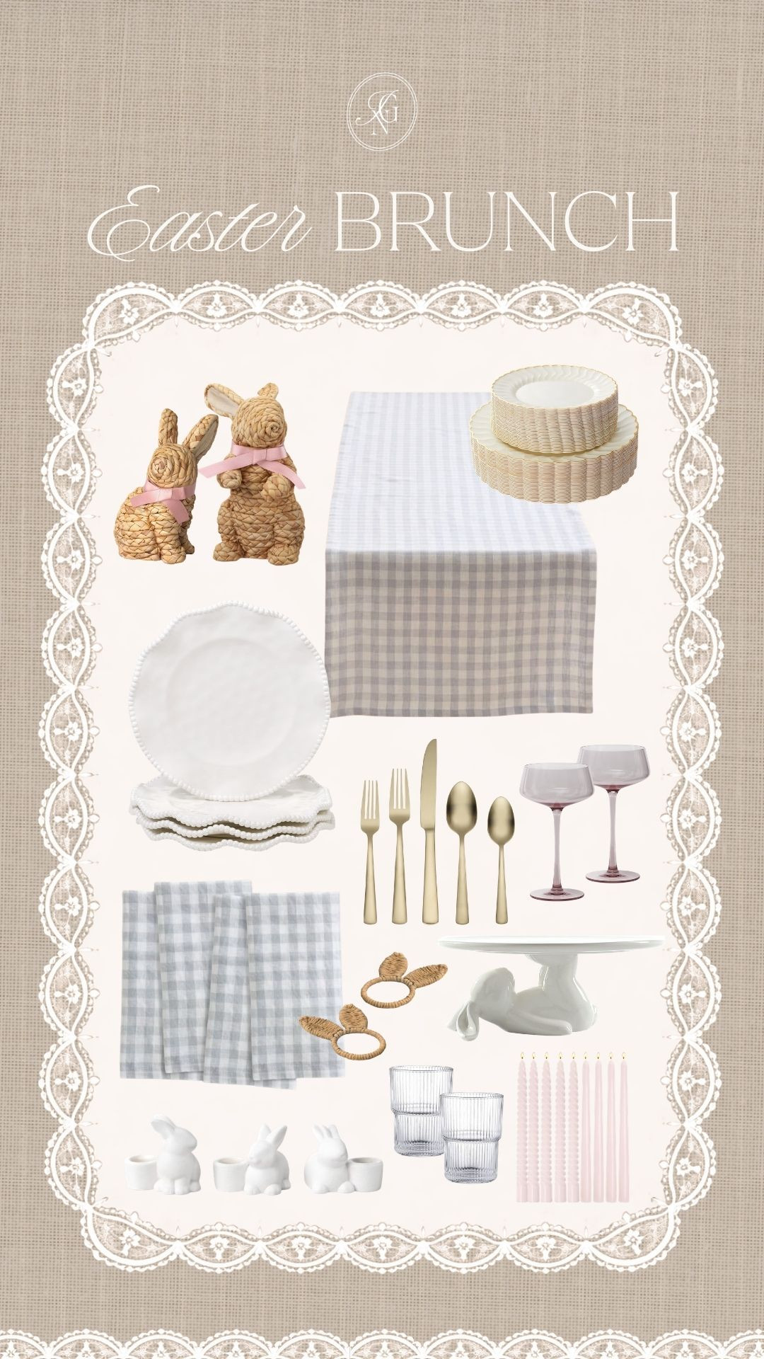 Easter brunch table decor featuring gingham linens, bunny accents, scalloped plates, gold flatware, and soft spring hosting pieces for a charming neutral Easter tablescape. 🐇

#easterbrunch #eastertablescape #amazoneasterdecor #springtablescape #amazonhomefinds #easterhosting #neutralhome #amazontabledecor #quince #targethome #tablescapeinspo 

 #LTKSpringSale #LTKSeasonal #LTKHome