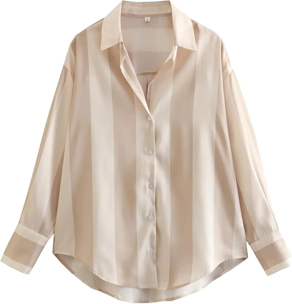 Satin Button Down Shirts for Women Long Sleeve Silky Pinstripe Casual Blouse Summer Top | Amazon (US)