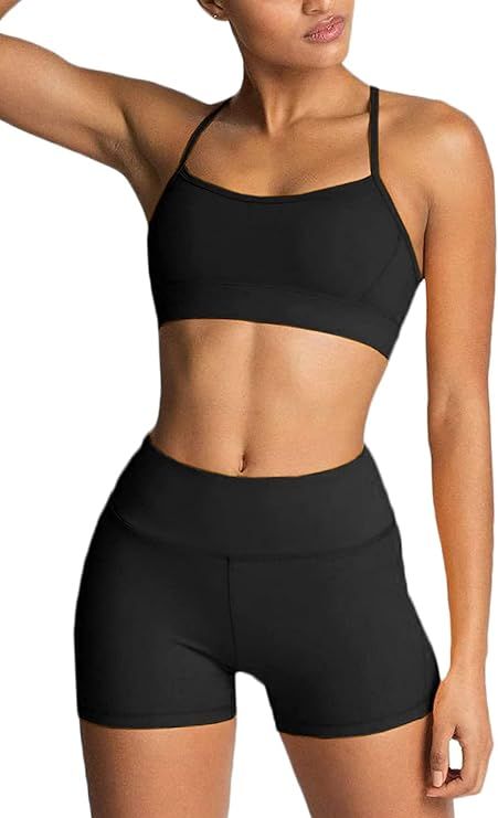 IWEMEK Women's Workout Sets 2 Piece Yoga Outfits High Waisted Yoga Leggings Shorts and Sports Bra... | Amazon (US)