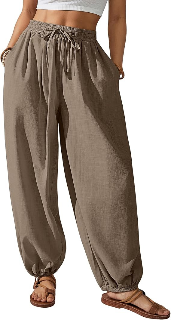 Bsubseach Womens Cotton Harem Pants Elastic Waist Baggy Pant Drawstring Balloon Trouser Loose Bea... | Amazon (US)