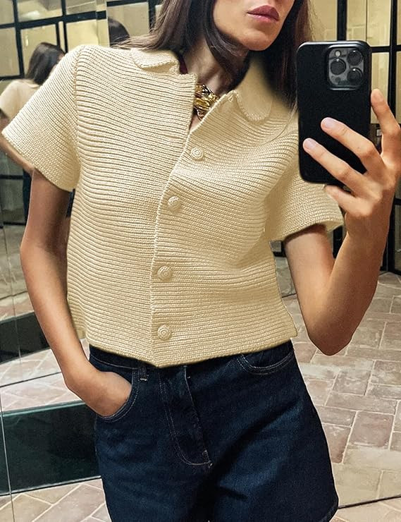 Tanming Womens Cardigan Sweaters Soft Chunky Knit Top Short Sleeve Button Loose Outerwear Sweater | Amazon (US)