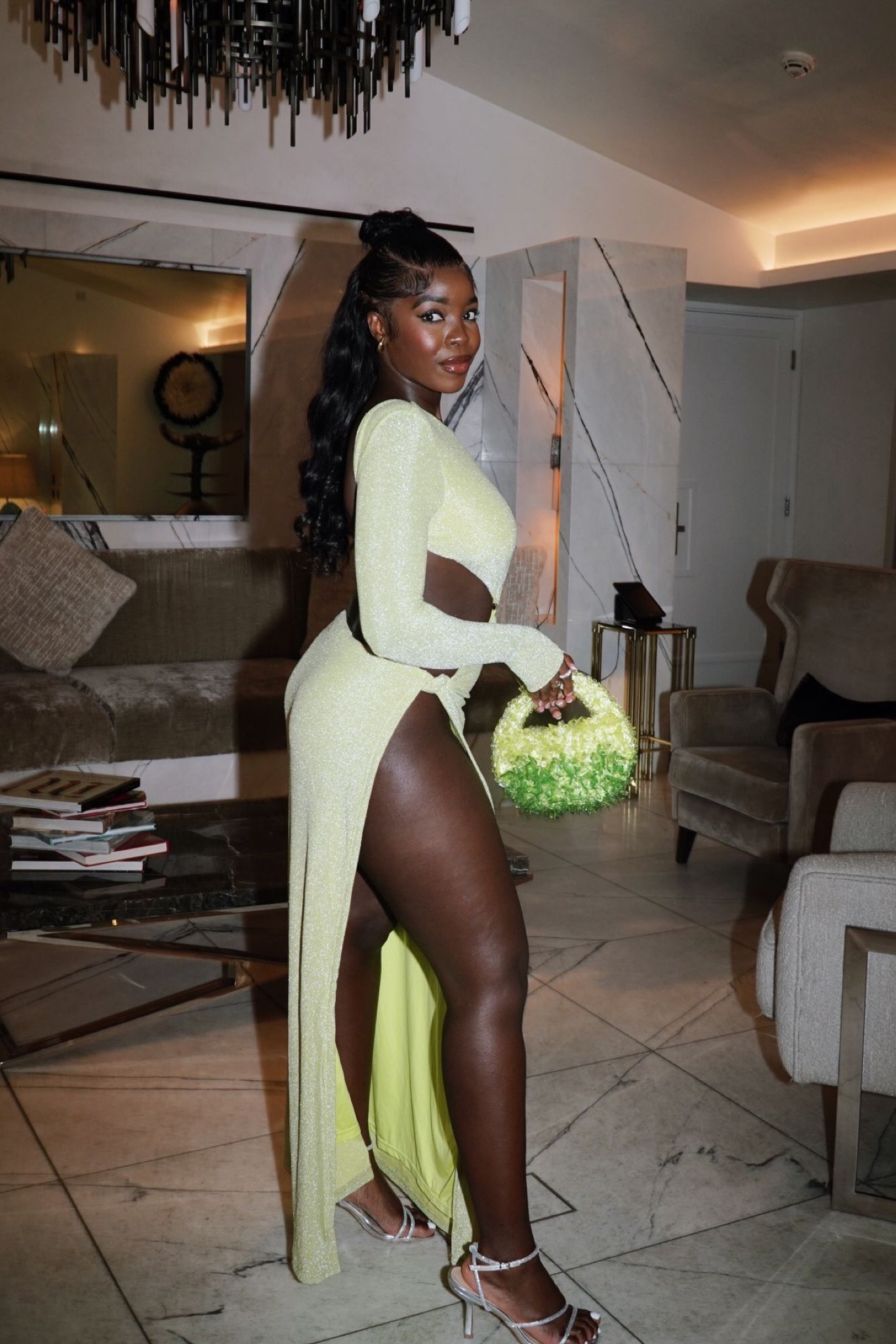 Evening outfit, green maxi dress, one shoulder dress, dinner outfit, going out outfit, Clio Peppiatt, Meshki, green dress, party outfit, Christmas party outfit ideas, Simmi shoes, silver heels 

#LTKeurope #LTKstyletip #LTKSeasonal