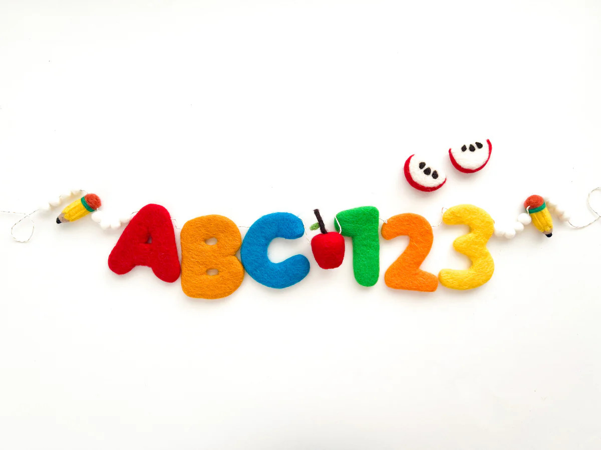 ABC 123 Felt Letter Garland w/ Mini Apples & Pencils - Back to School | Pearl & Jane