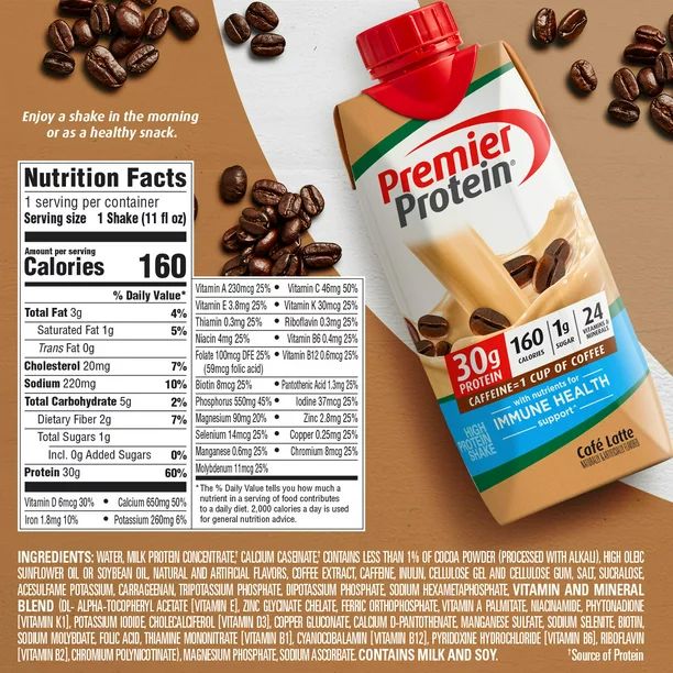 Premier Protein Shake, Café Latte, 30g Protein, 11 fl oz, 4 Ct | Walmart (US)