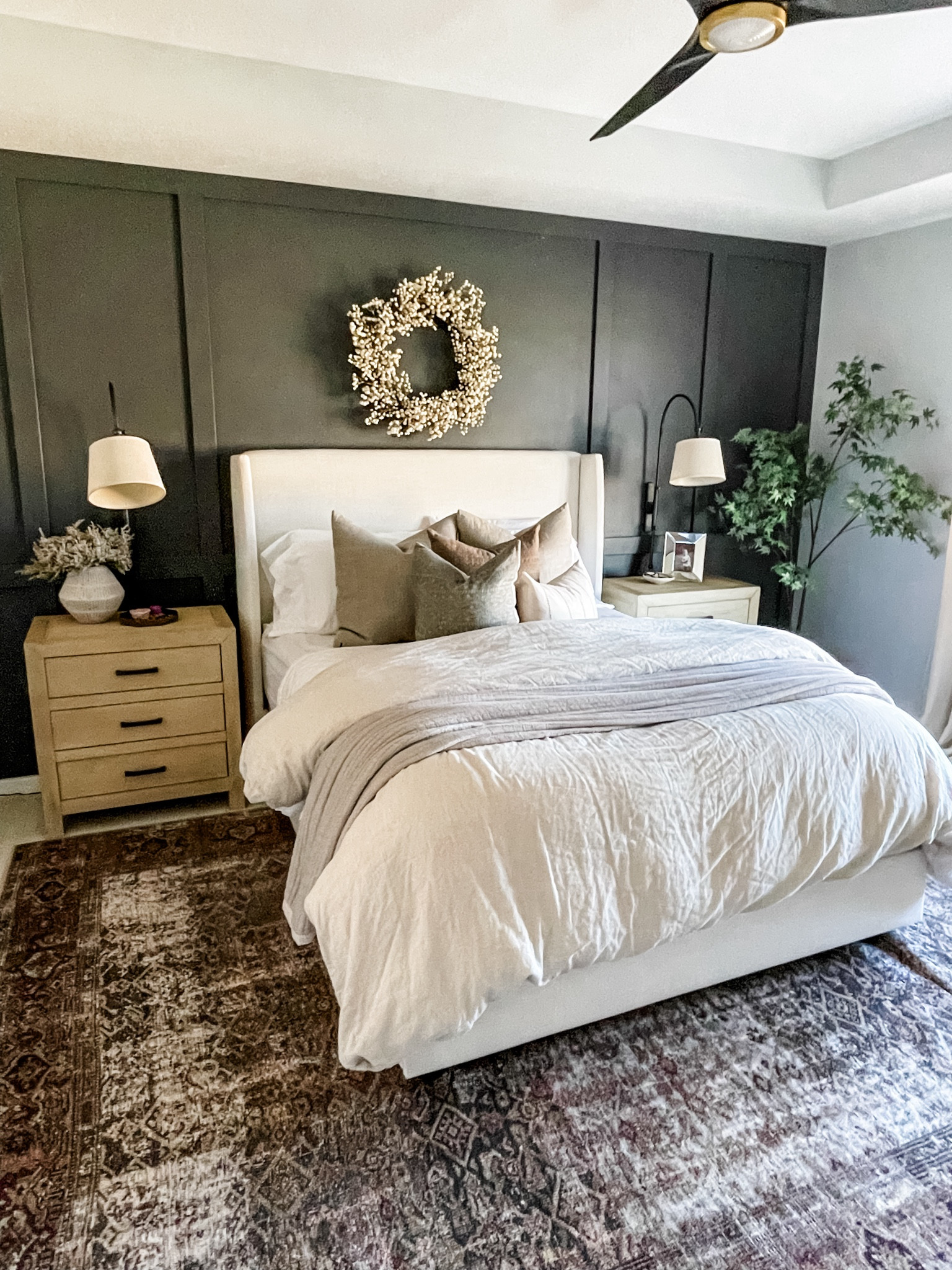 Bedroom, primary bedroom, area rug, bed frame, upholstered bed, Wayfair finds, wreath, crate and barrel, pottery barn, nightstand, pillows, bedding, duvet, lighting, Target finds, McGee & Co, Studio McGee, sheets, neutral decor, Christmas decor, holiday#LTKhome#LTKHoliday

#LTKSeasonal